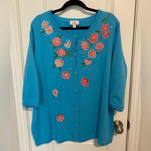Quacker Factory Size 1X. Aqua & Pink Cherry Blossom 3/4 Sleeve Cardigan.